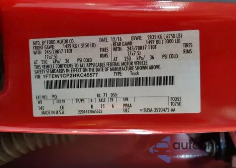 2017 Ford F150 Supercrew из США, поврежденный, VIN 1FTEW1CP2HKC45577